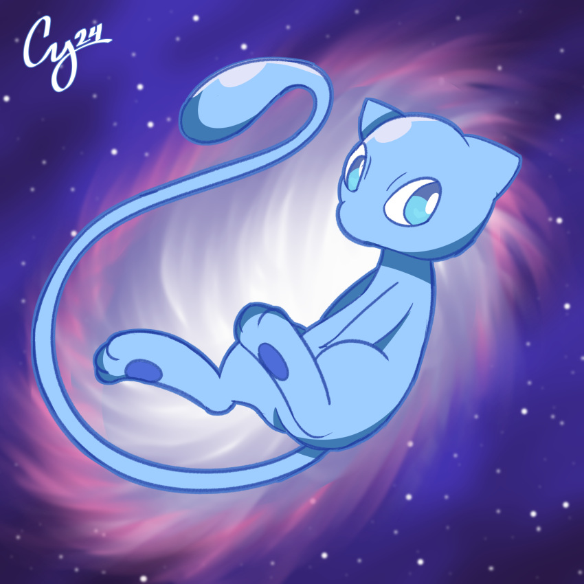 2024 ambiguous_gender blue_body blue_eyes blue_pawpads blue_tail cosmic_background cybeeyoru generation_1_pokemon hi_res legendary_pokemon mew_(pokemon) nintendo pawpads pokemon pokemon_(species) shiny_pokemon solo starry_background tail