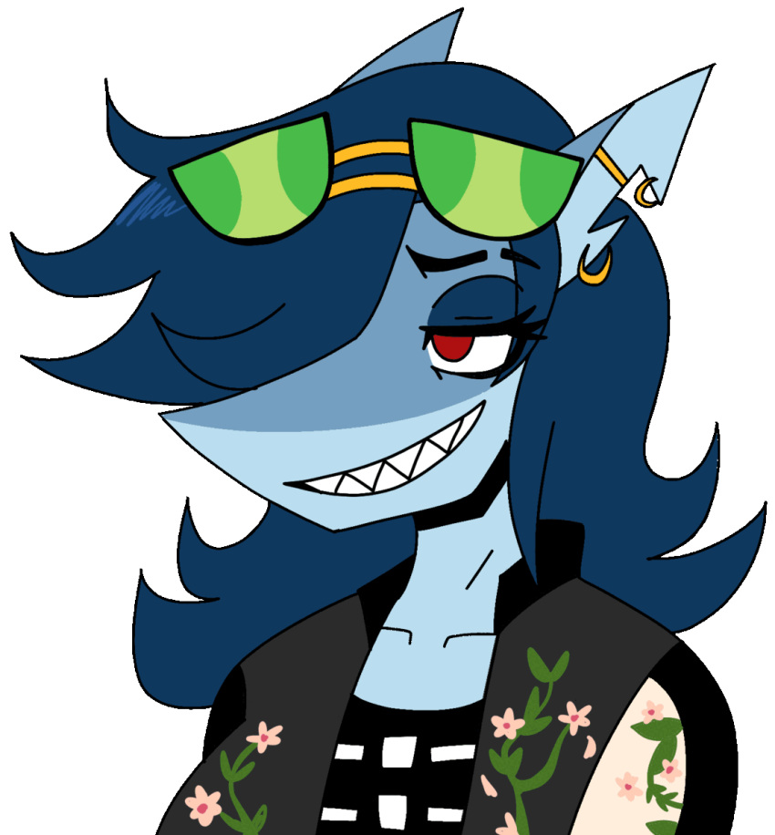 animated anthro blue_body breasts clothing female fish hi_res marine piercing red_eyes shark smug smug_face solo spoopy's_art_slave valerie_(capsaicinmellow) yapping