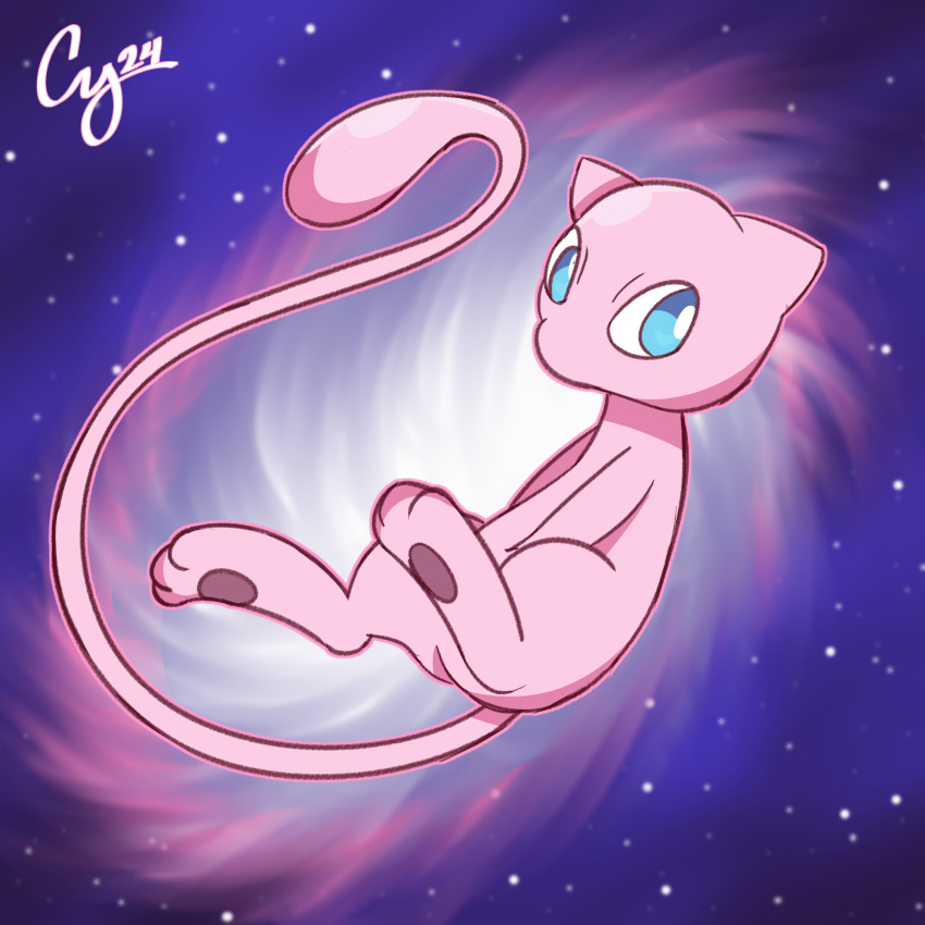 2024 ambiguous_gender blue_eyes cosmic_background cybeeyoru generation_1_pokemon glowing glowing_body hi_res legendary_pokemon mew_(pokemon) nintendo pawpads pink_body pink_pawpads pink_tail pokemon pokemon_(species) solo space starry_background tail