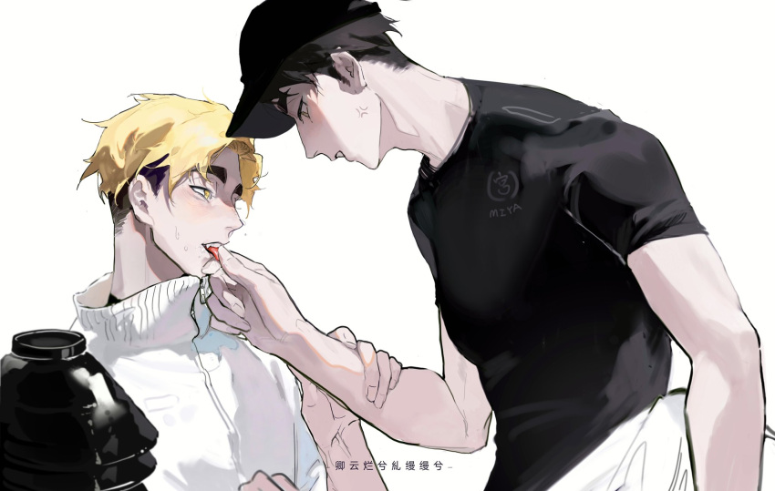 2boys anger_vein baseball_cap black_hair black_hat black_shirt blonde_hair blush brothers brown_eyes haikyuu!! hand_on_another's_chin hat highres hood hoodie incest long_sleeves looking_at_another male_focus miya_atsumu miya_osamu multiple_boys qingyun shirt short_hair short_sleeves siblings simple_background sweatdrop tongue tongue_out white_background white_hoodie yaoi yellow_eyes