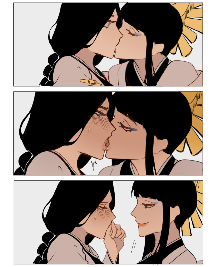 2girls black_hair bleach bleach:_sennen_kessen-hen blush closed_eyes closed_mouth commentary dlovesespresso eyelashes eyeshadow french_kiss hashtag-only_commentary highres kissing long_hair makeup multiple_girls shutara_senjumaru tongue unohana_retsu yuri