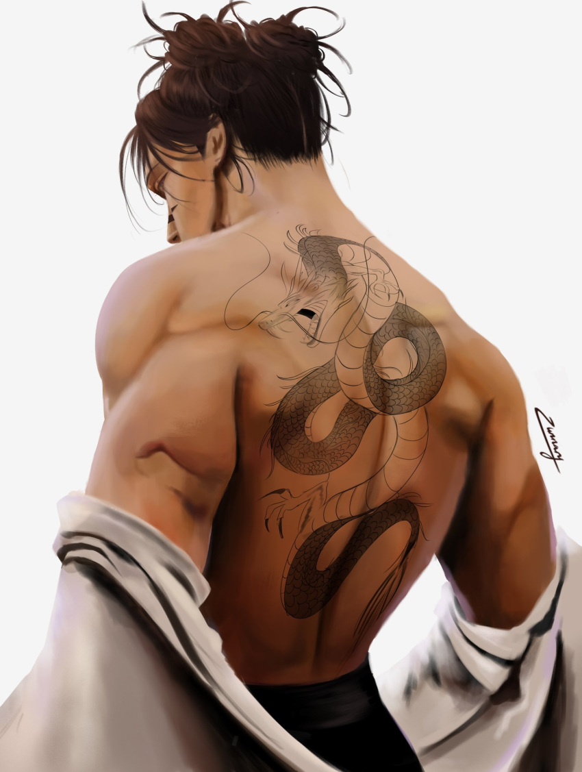 1boy artist_name back back_tattoo black_hair choso_(jujutsu_kaisen) commentary cowboy_shot double_bun dragon_tattoo english_commentary facial_tattoo hair_bun highres jujutsu_kaisen male_focus muscular muscular_male robe short_hair signature simple_background solo tattoo undressing white_background white_robe zuunary