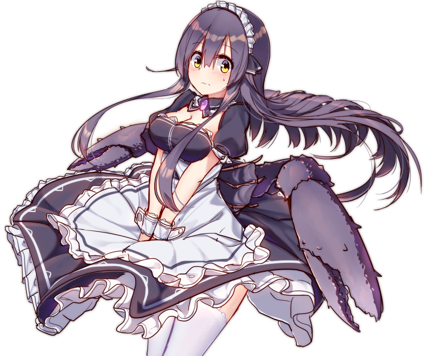 apron arthropod_girl between_legs black_dress black_hair breasts brooch carapace cleavage cleavage_cutout clothing_cutout colored_skin crab_claw crab_girl ddt_(darktrident) dress extra_arms extra_legs frilled_apron frilled_dress frills gem glowing_gem hand_between_legs highres jewelry light_blush looking_at_viewer maid maid_headdress medium_breasts monster_girl original purple_gemstone purple_skin sidelocks simple_background thigh_peek thighhighs transparent_background webbing white_thighhighs white_wrist_cuffs wrist_cuffs yellow_eyes