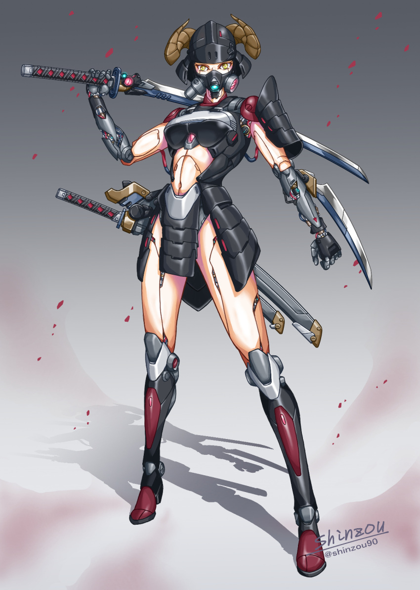 arm_blade armor breasts cyborg fake_horns female full_body helmet highres horned_helmet horns japanese_armor kabuto_(helmet) katana kusazuri looking_at_viewer medium_breasts original over_shoulder respirator samurai shinzou90 shoulder_armor signature sode solo standing sword unsheathed weapon weapon_over_shoulder yellow_eyes