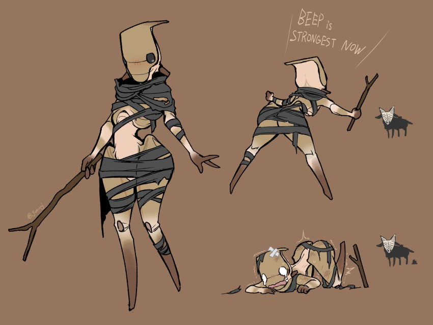 arthropod_girl ass bandages beep_(kenshi) blush brown_background crossed_bandaids crying english_commentary english_text female full_body highres holding holding_stick juerucj kenshi multiple_views ribbon shit simple_background stick top-down_bottom-up trample twitter_username wide_hips