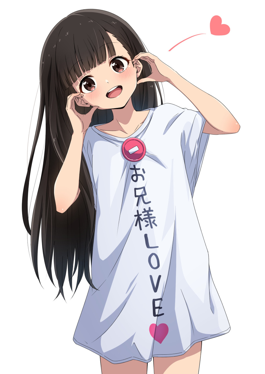 absurdres arms_up black_hair blunt_bangs blush brown_eyes collarbone commentary_request cowboy_shot female hands_on_own_face heart highres long_hair looking_at_viewer make_heroine_ga_oo_sugiru! nishizuki_shino no_entry_sign no_pants nukumizu_kaju open_mouth road_sign shirt sign simple_background smile solo spoken_heart t-shirt translated upper_body white_background white_shirt