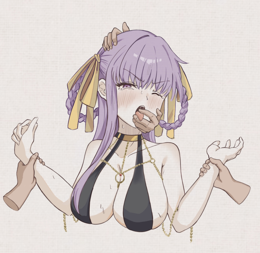 bare_shoulders bb_dubai_(fate) black_dress blush braid braided_hair_rings breasts center_opening cleavage disembodied_hand dress fate/grand_order fate_(series) female hair_ribbon highres jewelry large_breasts long_hair looking_at_viewer necklace one_eye_closed open_mouth purple_eyes purple_hair ribbon sideboob sweat tongue tongue_out treetree_5200 twin_braids yellow_ribbon