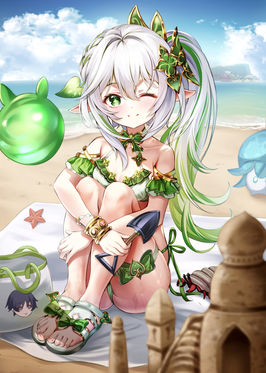 ;) absurdres adapted_costume arm_strap beach bikini bnari bracelet cloud collarbone crab female full_body fungi_(genshin_impact) genshin_impact green_bikini green_eyes green_hair green_ribbons hermit_crab highres holding island jewelry leg_ribbon looking_at_viewer multicolored_hair nahida_(genshin_impact) ocean one_eye_closed outdoors pointy_ears ribbon sandals scaramouche_(genshin_impact) seelie_(genshin_impact) side-tie_bikini_bottom sitting skindentation smile solo starfish summer swimsuit thigh_ribbon toeless_footwear towel two-tone_bikini two-tone_hair wanderer_(genshin_impact) white_bikini white_hair