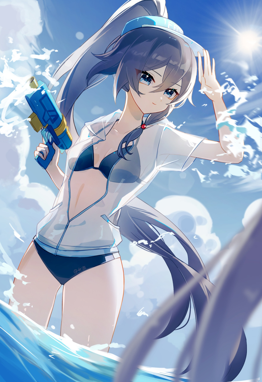 bikini blue_bikini blue_eyes blue_sky breasts female fu_hua grey_hair hair_between_eyes high_ponytail highres holding holding_water_gun honkai_(series) honkai_impact_3rd jacket long_hair official_alternate_costume outdoors partially_open_jacket qiu_cheng see-through see-through_jacket sky small_breasts sun swimsuit thighs visor_cap wading water water_gun