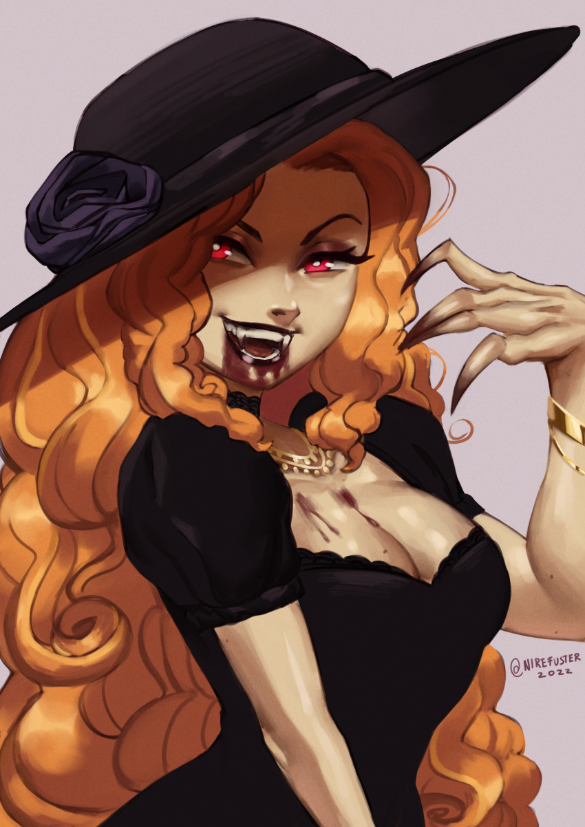 absurdres adagio_dazzle adagio_dazzle_(human) black_dress black_hat blood breasts claws cleavage commentary curly_hair dated dress english_commentary fangs female flower grey_background hand_up hat hat_flower highres long_hair my_little_pony my_little_pony:_equestria_girls my_little_pony:_friendship_is_magic nire_(nirefuster) orange_hair red_eyes shaded_face signature solo vampire very_long_hair