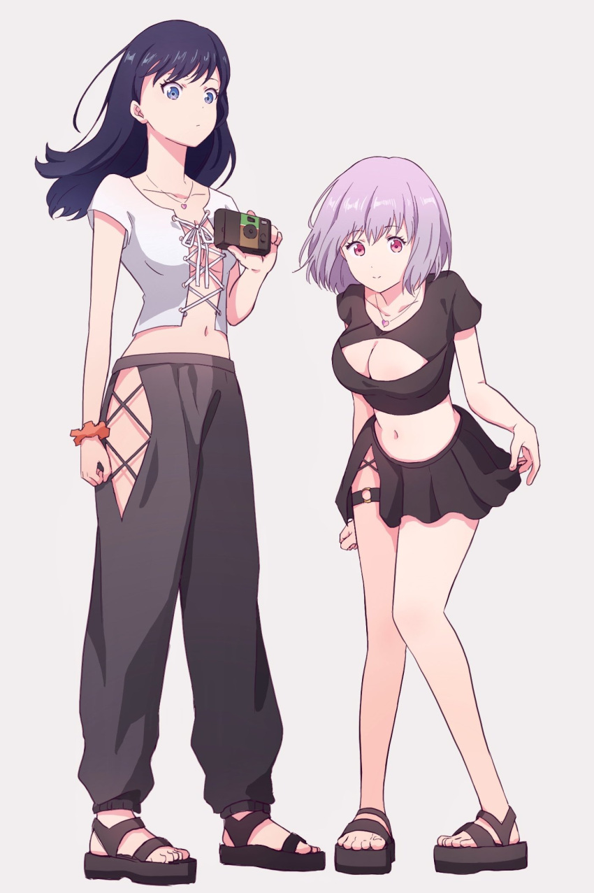 2girls bare_legs bent_over black_hair black_pants black_shirt black_skirt blue_eyes breasts camera center_opening cleavage_cutout clothing_cutout grey_background gridman_universe heart heart_necklace highres holding holding_camera jewelry large_breasts long_hair looking_at_viewer medium_breasts multiple_girls nanay0n_74 navel necklace pants purple_hair red_eyes sandals shinjou_akane shirt short_hair side_cutout skirt ssss.gridman standing stomach takarada_rikka thigh_strap toes