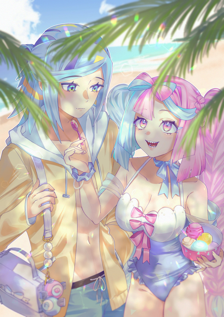 1boy absurdres alternate_costume bag beach blue_eyes blue_hair blue_one-piece_swimsuit blue_scrunchie blue_shorts blue_sky blurry blurry_foreground bow-shaped_hair bowl breasts cleavage day depth_of_field female food grusha_(pokemon) highres holding holding_bowl holding_spoon hood hooded_jacket ice_cream iono_(pokemon) jacket large_breasts long_hair looking_at_another multicolored_hair ni_(7no8210mare) one-piece_swimsuit open_clothes open_jacket open_mouth otoko_no_ko outdoors palm_leaf pink_eyes pink_hair pokemon pokemon_sv scrunchie sharp_teeth shorts shoulder_bag sky spoon swimsuit teeth two-tone_hair two-tone_one-piece_swimsuit water white_one-piece_swimsuit wrist_scrunchie yellow_jacket