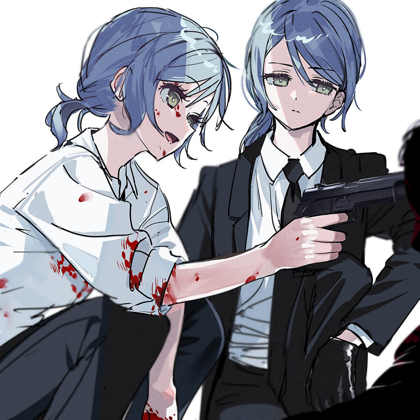 1boy 2girls bang_dream! black_necktie blood blood_on_clothes blood_on_face blue_hair collared_shirt expressionless formal gloves green_eyes gun gun_to_head handgun highres hikawa_hina hikawa_sayo holding jacket korean_commentary lapels looking_at_another multiple_girls necktie open_clothes open_jacket open_mouth pants ponytail shirt simple_background sleeves_rolled_up suit_jacket weapon white_background white_shirt zihacheol