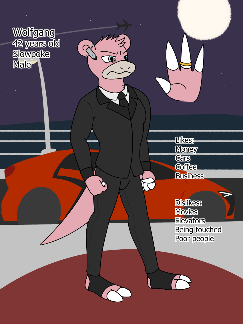 2_toes 4_fingers aaron_amethyst absurd_res aircraft airplane anthro bluetooth_headset bottomwear car clothed clothing feet fingers fist generation_1_pokemon hi_res male model_sheet moon necktie night nintendo outside pants pokemon pokemon_(species) slowpoke solo standing suit toes vehicle wolfgang_(aaron_amethyst)