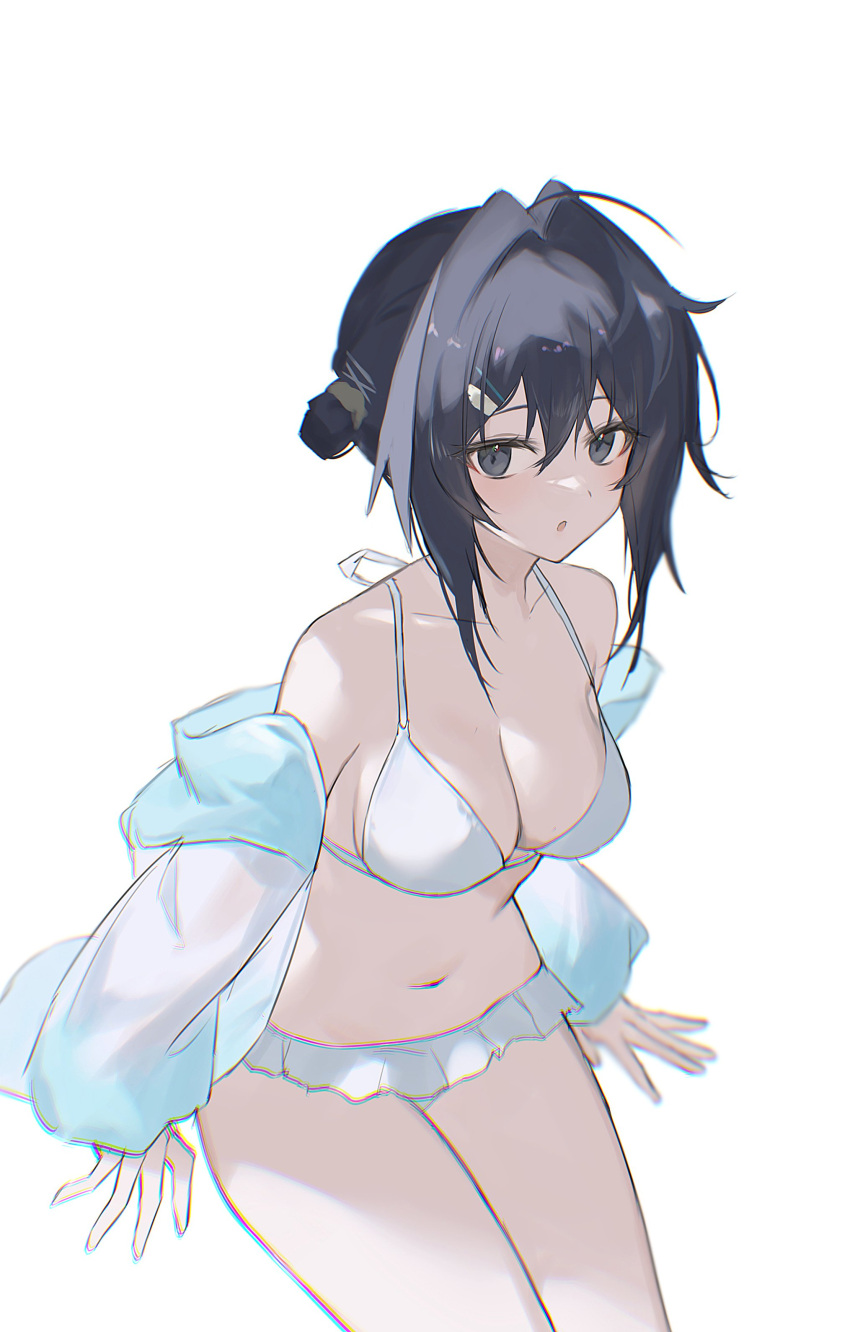 2naom8q6gt87292 :o absurdres arknights bare_shoulders bikini black_eyes black_hair blue_jacket breasts cowboy_shot female hair_between_eyes highres jacket la_pluma_(arknights) la_pluma_(summer_flowers)_(arknights) medium_breasts navel open_clothes open_jacket short_hair_with_long_locks solo stomach swimsuit thighs white_bikini