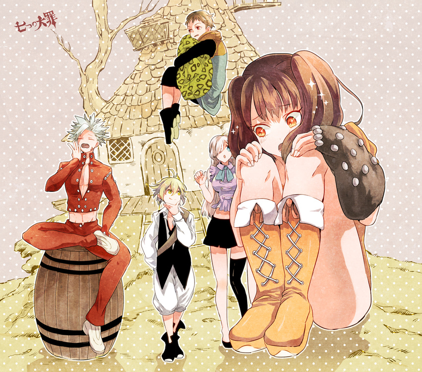 2girls 3boys :d asymmetrical_clothes bad_id bad_pixiv_id ban_(nanatsu_no_taizai) barrel belt blonde_hair blue_eyes blush boots breasts brown_eyes brown_hair cleavage closed_eyes diane_(nanatsu_no_taizai) earrings elizabeth_liones fingerless_gloves floating giant giantess gloves green_eyes hair_over_eyes hair_over_one_eye hinatsu house hugging_object jacket jewelry king_(nanatsu_no_taizai) large_breasts leather leather_jacket leather_pants long_hair meliodas midriff multiple_boys multiple_girls nanatsu_no_taizai open_mouth orange_eyes pants pillow pillow_hug polka_dot polka_dot_background scar shirt shoes short_hair sitting size_difference skirt smile spiked_hair twintails white_hair yawning