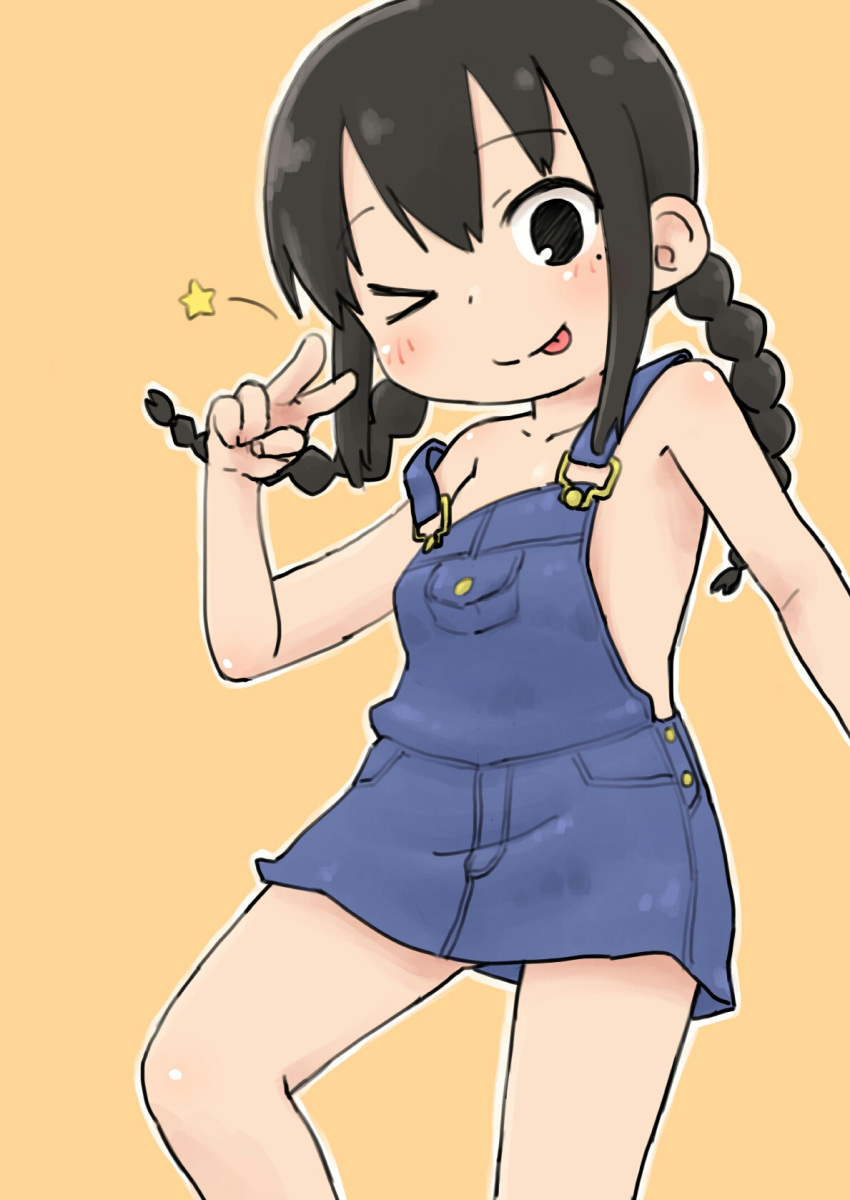 :p arm_up black_eyes braid commentary_request denim dress female highres long_hair mitsudomoe_(manga) ogata_airi one_eye_closed overall_skirt overalls short_dress smile solo strap_slip tomboo tongue tongue_out twin_braids twintails v