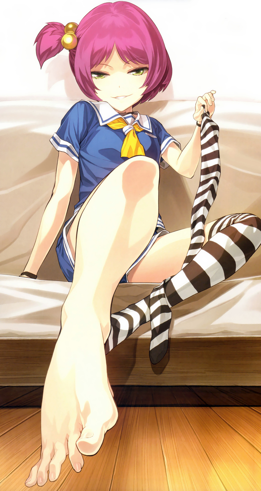 absurdres barefoot blue_shorts choker feet female foot_focus foreshortening full_body green_eyes hair_bobbles hair_ornament highres holding holding_clothes holding_legwear looking_at_viewer naughty_face onigashira_kosuri outstretched_foot outstretched_leg pink_hair scan shimoneta_to_iu_gainen_ga_sonzai_shinai_taikutsu_na_sekai shimotsuki_eight short_hair short_sidetail shorts single_sock sitting smirk socks solo striped_clothes striped_thighhighs thighhighs toenails toes wiggling_toes wristband