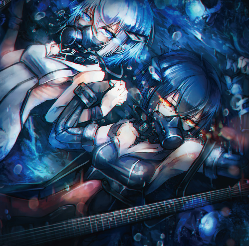 2girls abyssal_ship abyssal_twin_princess_(black) abyssal_twin_princess_(white) black_dress black_hair blue_eyes commentary_request dress elbow_gloves electric_guitar gloves guitar hair_between_eyes highres holding_hands instrument kajaneko kantai_collection looking_at_viewer multiple_girls orange_eyes oxygen_mask short_hair sleeveless sleeveless_dress submerged underwater white_dress white_hair