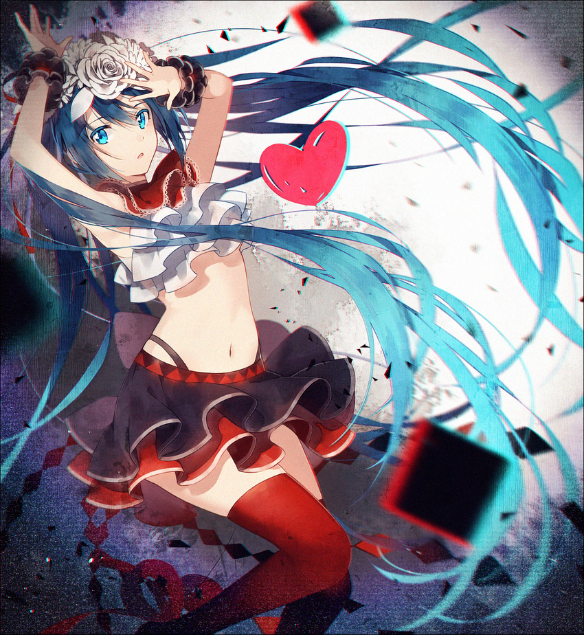 aqua_eyes aqua_hair arms_up bare_shoulders black_panties black_skirt bless_you_(module) commentary female flower frills hair_flower hair_ornament hakusai_(tiahszld) hatsune_miku heart highleg highleg_panties highres long_hair looking_at_viewer midriff miniskirt navel nisoku_hokou_(vocaloid) panties photoshop_(medium) project_diva_(series) project_diva_f_2nd red_thighhighs shirt skirt sleeveless sleeveless_shirt solo symbol-only_commentary thighhighs twintails underwear very_long_hair vocaloid wrist_cuffs