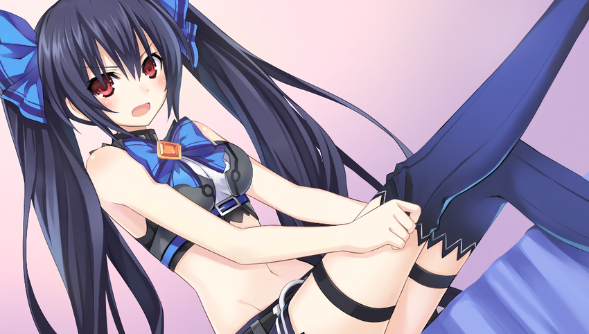 black_hair blue_ribbon blue_thighhighs blush breasts chou_megami_shinkou_noire_gekishin_black_heart crop_top dutch_angle female game_cg groin hair_ribbon highres indoors long_hair looking_at_viewer manamitsu medium_breasts midriff miniskirt navel neptune_(series) noire_(neptunia) official_art open_mouth red_eyes ribbon sitting skirt sleeveless solo stomach thigh_strap thighhighs twintails very_long_hair