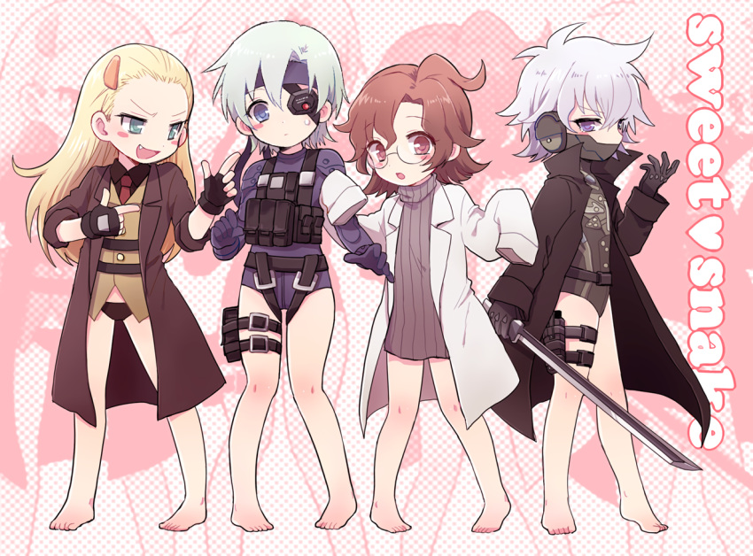 50yen barefoot blonde_hair blue_eyes bodysuit brown_eyes brown_hair eyepatch garter glasses gloves gray_hair green_eyes group hal_emmerich headband katana liquid_ocelot long_hair metal_gear metal_gear_solid metal_gear_solid_v oerba_yun_fang old_snake panties purple_eyes raiden rule_63 short_hair sword tie underwear waifu2x weapon