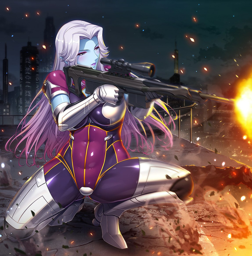 00s alberta_(taimanin_asagi) blue_skin blush breasts female female fire kokonoki_nao large_breasts lilith-soft lipstick multicolored_hair point pointy_ears purple_eyes rifle scenery shiny shiny_skin solo squatting taimanin_(series) taimanin_asagi taimanin_asagi_battle_arena weapon