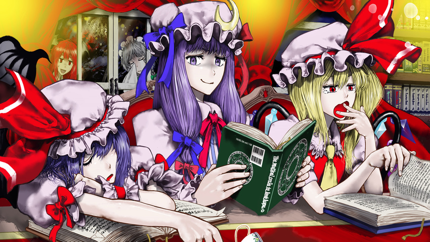 6+girls :d arm_rest barcode bat_wings blonde_hair blue_hair book bookmark bookshelf broom capelet chandelier closed_eyes commentary_request crescent crescent_hat_ornament crying curtains flandre_scarlet grey_hair handkerchief hat hat_ornament hat_ribbon highres izayoi_sakuya kirisame_marisa koakuma long_hair looking_at_another mob_cap multiple_girls necktie open_mouth patchouli_knowledge photoshop_(medium) purple_eyes purple_hair reading red_eyes red_hair remilia_scarlet ribbon saliva short_hair silhouette sleeping smile striped sweatdrop table tears touhou umami_(sakeikura) window wings wiping_tears wrist_cuffs yawning