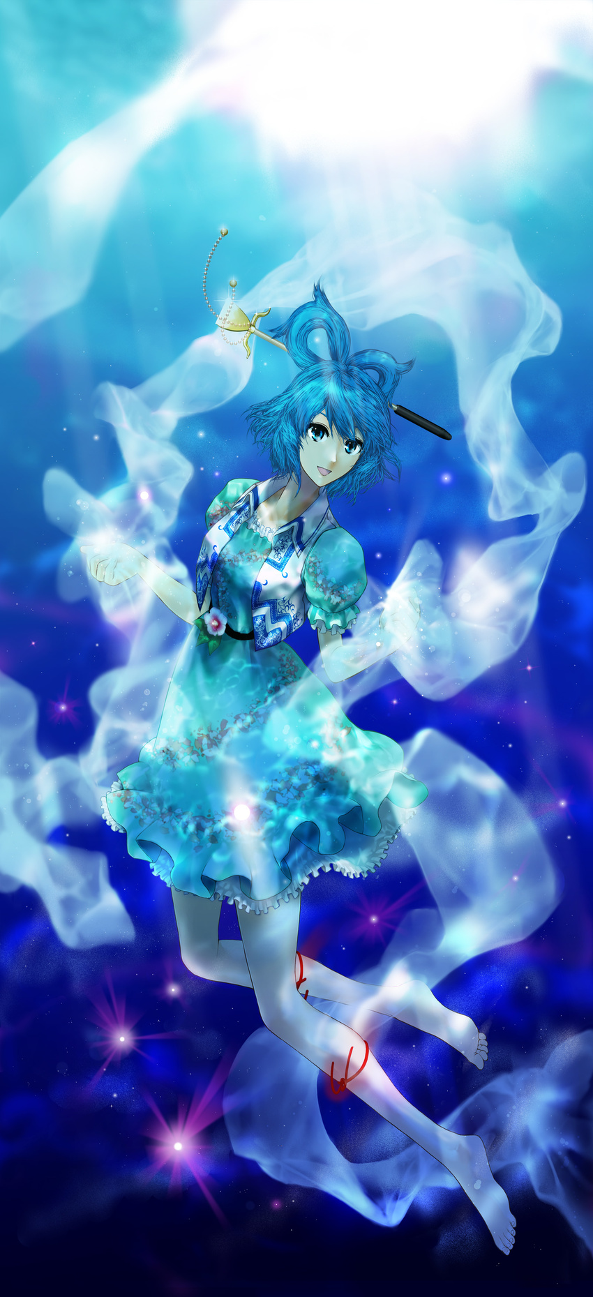 absurdres barefoot blue_eyes blue_hair commentary_request cropped_jacket dress female flower frills full_body hair_ornament hair_stick highres kaku_seiga light_particles light_rays looking_at_viewer open_mouth photoshop_(medium) shawl short_hair smile solo touhou transparent umami_(sakeikura)