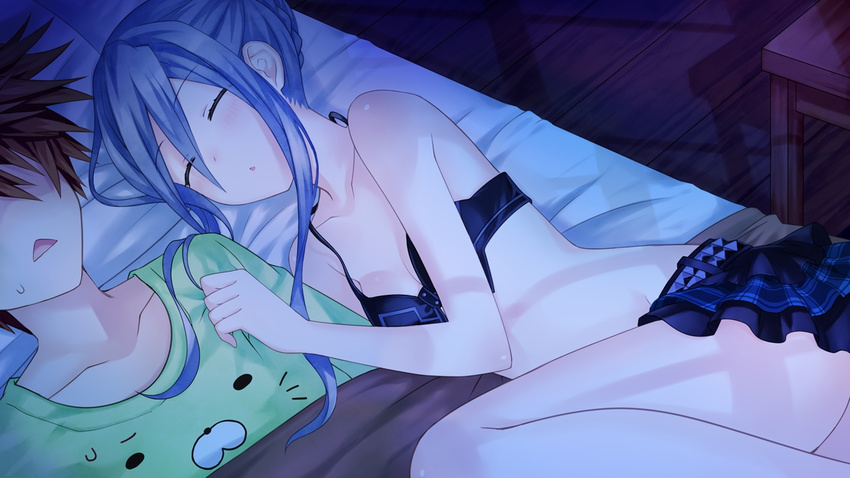 arm_hug bare_shoulders bed blue_hair closed_eyes effole_(fairy_fencer_f) fairy_fencer_f fang_(fairy_fencer_f) female game_cg long_hair lying official_art on_side skirt sleeping tsunako underwear