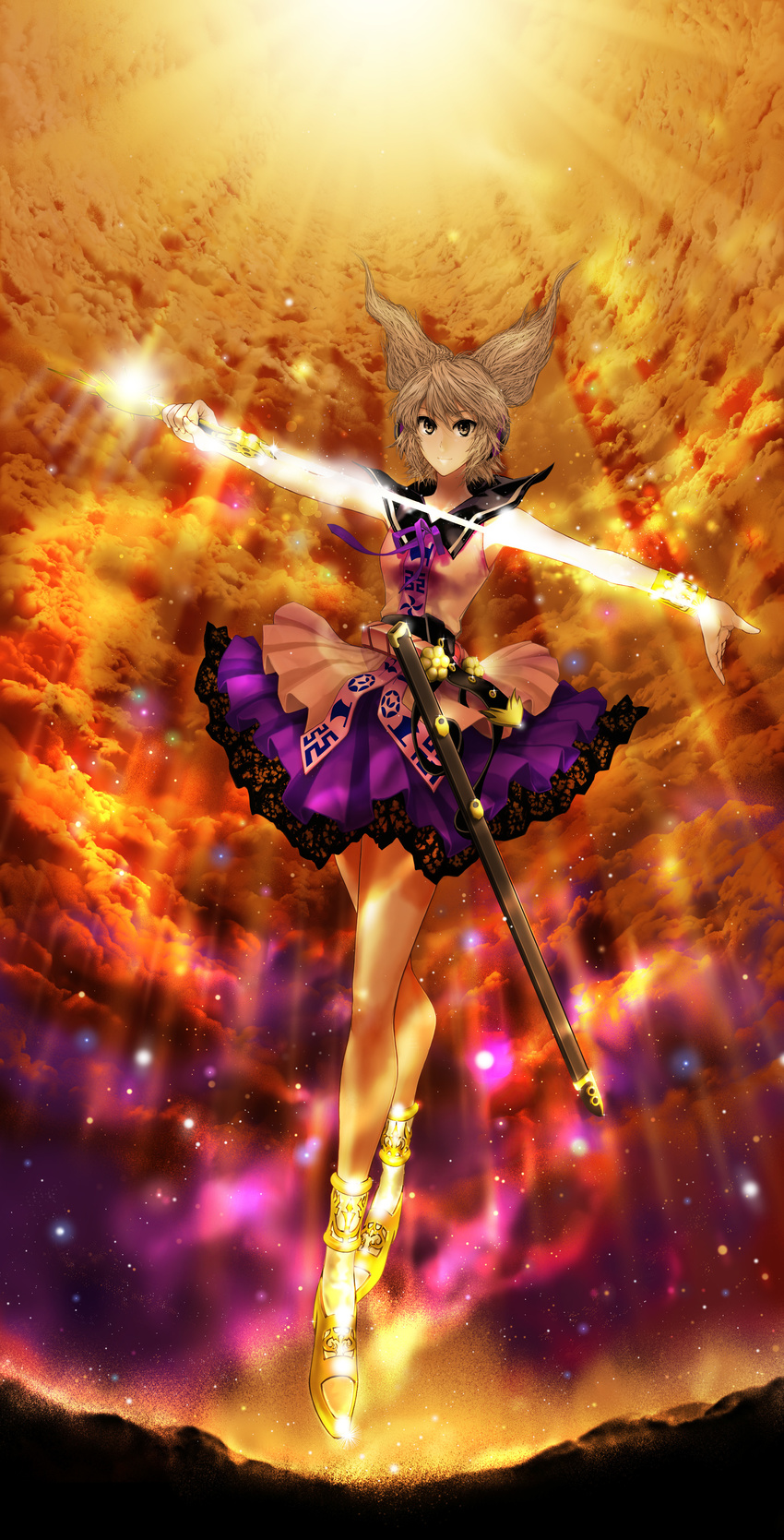 absurdres belt blouse brown_eyes brown_hair cloud cloudy_sky commentary_request earmuffs female floating frills full_body glowing glowing_sword glowing_weapon high_heels highres light_particles light_rays looking_at_viewer neck_ribbon orange_sky photoshop_(medium) ribbon scabbard sheath shirt short_hair skirt sky smile solo sun sword touhou toyosatomimi_no_miko umami_(sakeikura) weapon wristband