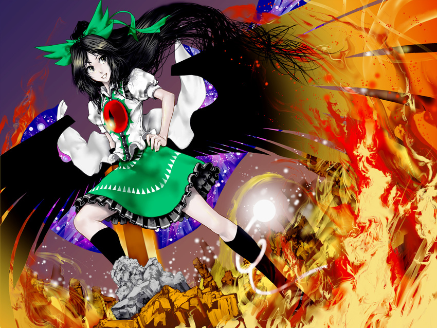 arm_cannon black_eyes black_hair black_socks blouse bow cape commentary_request female fire full_body geokinesis green_skirt grin hairbow hand_on_own_hip highres knee_up kneehighs long_hair looking_to_the_side photoshop_(medium) pyrokinesis reiuji_utsuho rock shirt skirt smile socks solo standing third_eye touhou umami_(sakeikura) very_long_hair weapon wings