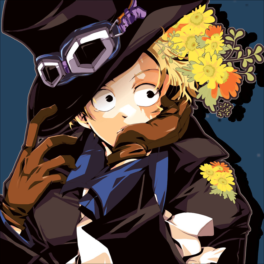 blonde_hair cravat flower gloves goggles goggles_on_hat goggles_on_head male male_focus one_piece sabo_(one_piece) scar solo surprise surprised top_hat wide-eyed wide_eyes