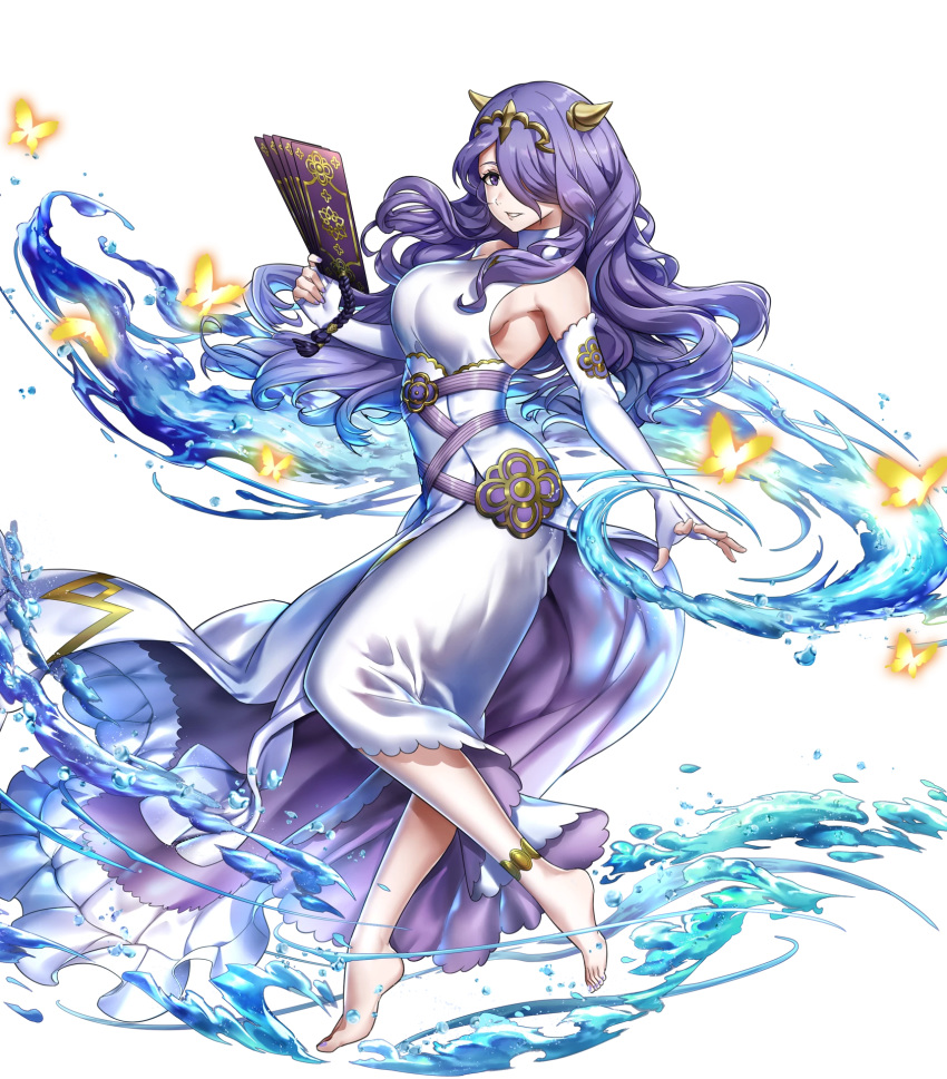 anklet bare_shoulders barefoot breasts bug butterfly camilla_(adrift)_(fire_emblem) camilla_(fire_emblem) dress elbow_gloves female fingerless_gloves fire_emblem fire_emblem_fates fire_emblem_heroes full_body gloves hair_ornament hair_over_one_eye highres jewelry large_breasts long_hair mikurou_(nayuta) nail_polish official_art parted_lips purple_eyes purple_hair sleeveless smile solo toenail_polish toenails toes transparent_background turtleneck water white_dress