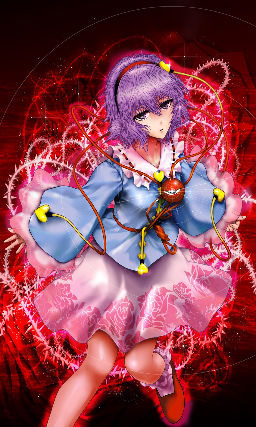 blouse commentary_request expressionless female floral_print flower glint hairband heart highres jumping komeiji_satori looking_at_viewer open_mouth photoshop_(medium) purple_eyes purple_hair rose shirt shoes short_hair skirt socks solo third_eye thorns touhou umami_(sakeikura) wide_sleeves