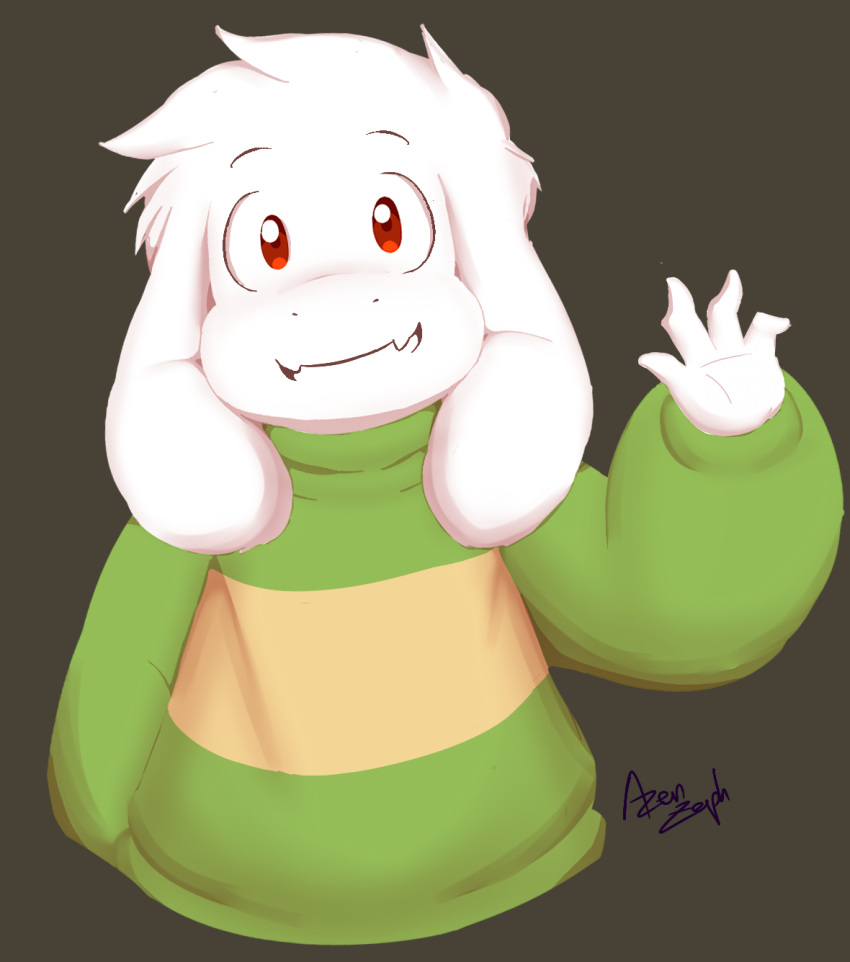 albino anthro asriel_dreemurr azenzeph boss_monster_(undertale) bovid caprine fangs fur hi_res long_ears looking_at_viewer male mammal red_eyes simple_background smile solo stripes teeth undertale undertale_(series) white_body white_fur young young_anthro young_male