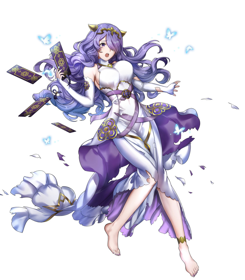 anklet bare_shoulders barefoot breasts camilla_(adrift)_(fire_emblem) camilla_(fire_emblem) dress elbow_gloves female fingerless_gloves fire_emblem fire_emblem_fates fire_emblem_heroes full_body gloves hair_ornament hair_over_one_eye highres holding jewelry large_breasts long_hair mikurou_(nayuta) nail_polish official_art open_mouth purple_eyes purple_hair sleeveless solo toenail_polish toenails toes torn_clothes transparent_background turtleneck white_dress