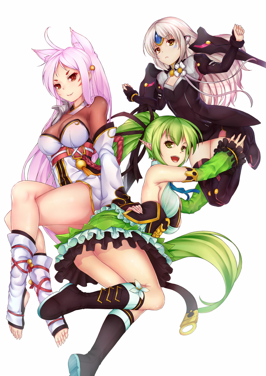 3girls animal_ears ara_haan ara_haan_(celestial_fox) asura_(elsword) barefoot black_footwear black_legwear black_skirt boots breasts code:_nemesis_(elsword) commentary_request detached_sleeves elsword eun_(elsword) eve_(elsword) expressionless fox_ears frills full_body green_eyes green_hair green_sleeves high_ponytail highres knee_boots leg_warmers long_hair multiple_girls pak_ce pink_hair pointy_ears ponytail red_eyes rena_erindel sideboob skirt smile thigh_boots thighhighs toeless_legwear white_background white_hair wind_sneaker_(elsword) yellow_eyes zettai_ryouiki