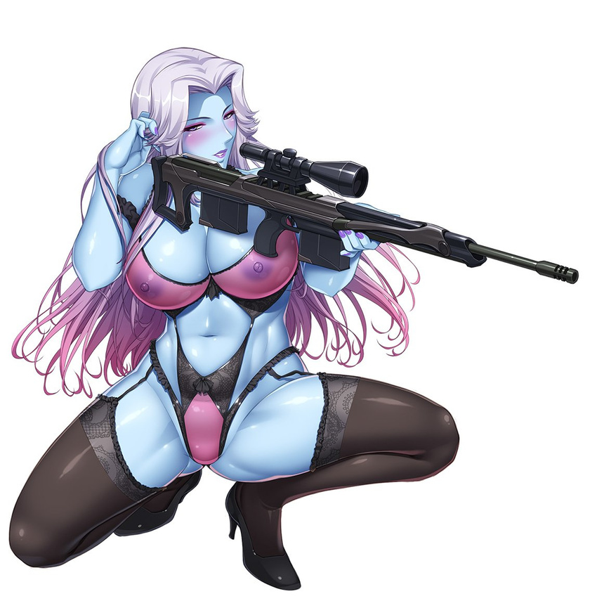 00s alberta_(taimanin_asagi) blue_skin blush breasts female female kokonoki_nao large_breasts lilith-soft lingerie lipstick multicolored_hair nail_polish nipples point pointy_ears purple_eyes revealing_clothes rifle shiny shiny_skin solo squatting taimanin_(series) taimanin_asagi taimanin_asagi_battle_arena weapon