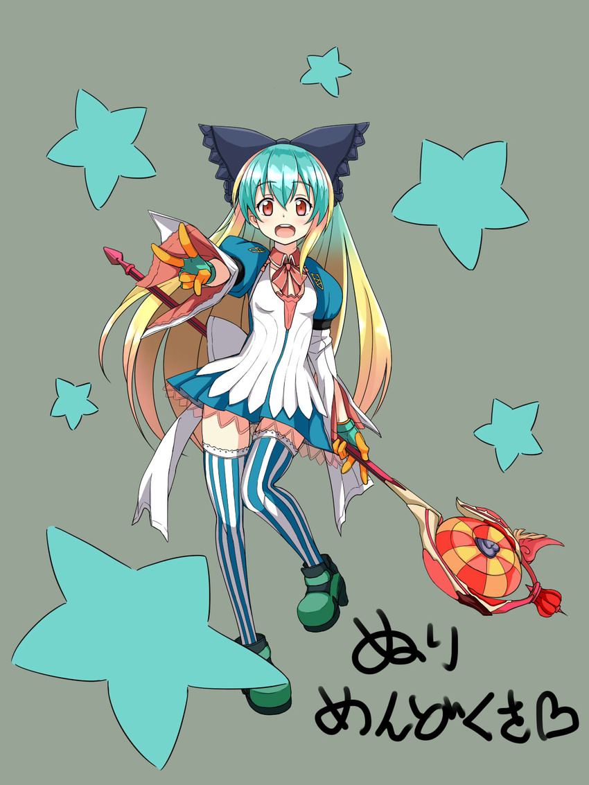 anbare aqua_hair bad_id bad_pixiv_id blonde_hair female full_body gloves highres little_alice_(wonderland_wars) long_hair looking_at_viewer multicolored_hair open_mouth red_eyes solo star_(symbol) striped_clothes striped_thighhighs thighhighs v vertical-striped_clothes vertical-striped_thighhighs very_long_hair wand wonderland_wars