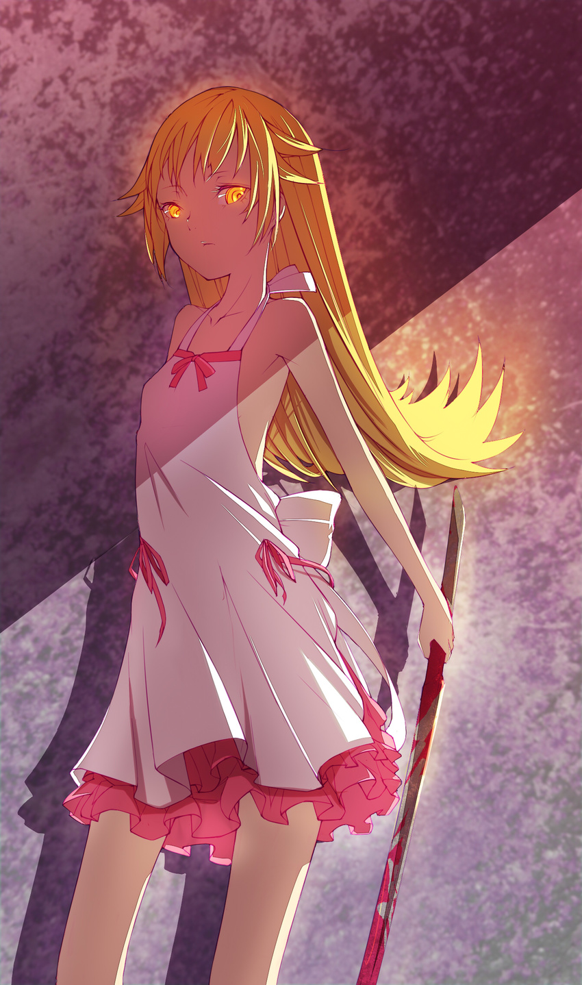 azling bad_id bad_pixiv_id bakemonogatari blonde_hair blood dress female highres kabukimonogatari long_hair monogatari_(series) oshino_shinobu solo sword weapon yellow_eyes