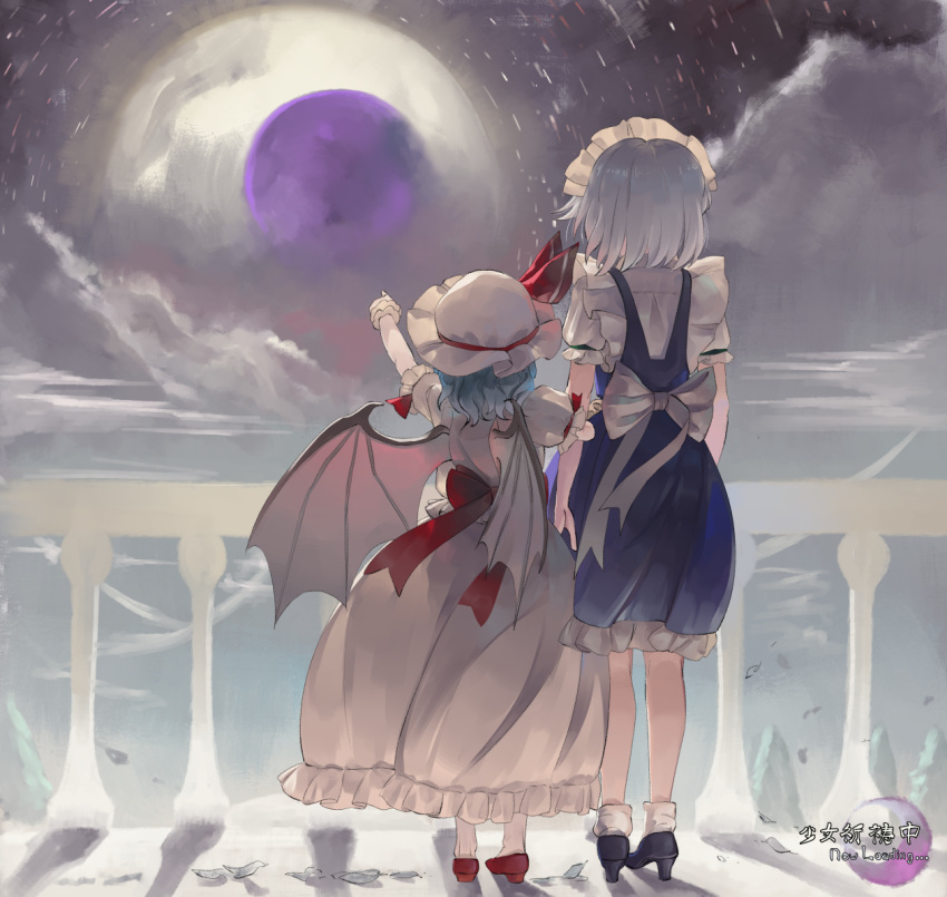 2girls arm_up balcony bat_wings black_footwear blue_hair blue_skirt blue_vest cloud commentary from_behind full_moon grey_hair hat height_difference high_heels imperishable_night izayoi_sakuya locked_arms maid_headdress mob_cap moon multiple_girls night outstretched_arm pink_headwear pink_shirt pink_skirt pointing puffy_short_sleeves puffy_sleeves purple_moon railing red_footwear remilia_scarlet riki6 shadow shirt short_hair short_sleeves shoujo_kitou-chuu skirt sky standing star_(sky) star_trail starry_sky touhou translated vest white_legwear white_shirt wide_shot wings wrist_cuffs