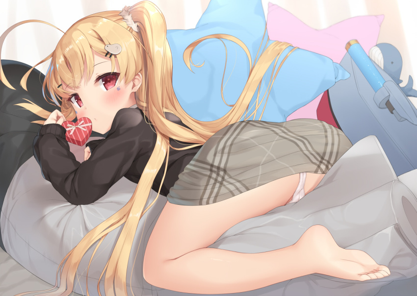 ahoge ass azur_lane bare_legs barefoot bird_hair_ornament black_jacket blonde_hair blush box closed_mouth commentary_request diagonal_stripes eldridge_(azur_lane) eldridge_(the_inquisitive_recluse)_(azur_lane) facial_mark female fujieda_uzuki full_body gift gift_box grey_skirt hair_ornament hairclip heart-shaped_box holding holding_gift jacket long_hair long_sleeves lying on_stomach panties pillow plaid plaid_skirt red_eyes skirt sleeves_past_wrists soles solo star-shaped_pillow striped twintails underwear valentine very_long_hair white_panties