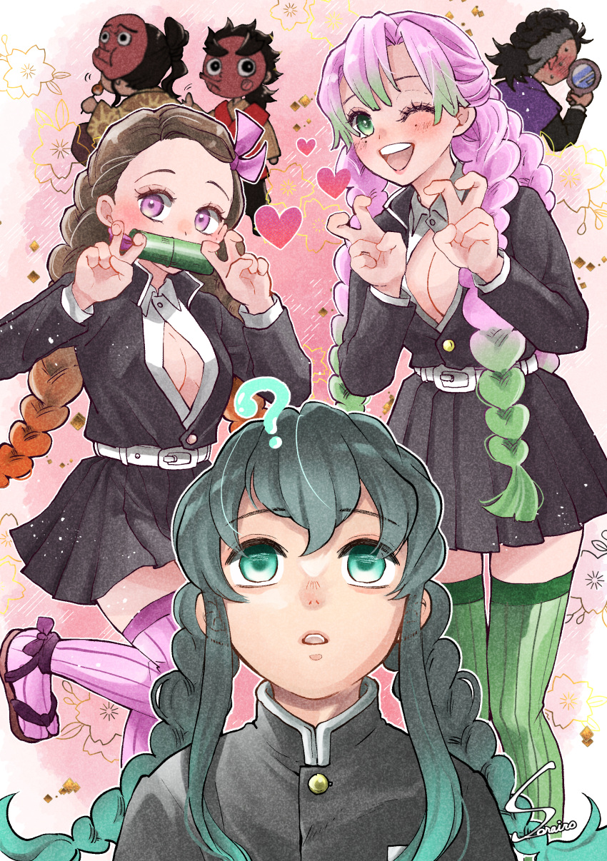 2girls 4boys ;d ? absurdres bit_gag black_jacket black_skirt blush breasts brown_hair cleavage collared_shirt cosplay demon_slayer_uniform dress_shirt embarrassed gag gagged gradient_hair green_eyes green_hair green_thighhighs haganezuka_hotaru hand_mirror heart highres holding holding_mirror jacket kamado_nezuko kanroji_mitsuri kanroji_mitsuri_(cosplay) kimetsu_no_yaiba kotetsu_(kimetsu_no_yaiba) long_hair long_sleeves looking_up mask medium_breasts miniskirt mirror mole mole_under_each_eye mole_under_eye multicolored_hair multiple_boys multiple_girls multiple_moles one_eye_closed open_clothes open_jacket open_mouth open_shirt orange_hair pink_hair pink_thighhighs pleated_skirt shinazugawa_genya shirt skirt sky_blue_025250 smile standing standing_on_one_leg striped_clothes striped_thighhighs sweatdrop thighhighs tokitou_muichirou tri_braids vertical-striped_clothes vertical-striped_thighhighs very_long_hair white_shirt wing_collar zettai_ryouiki