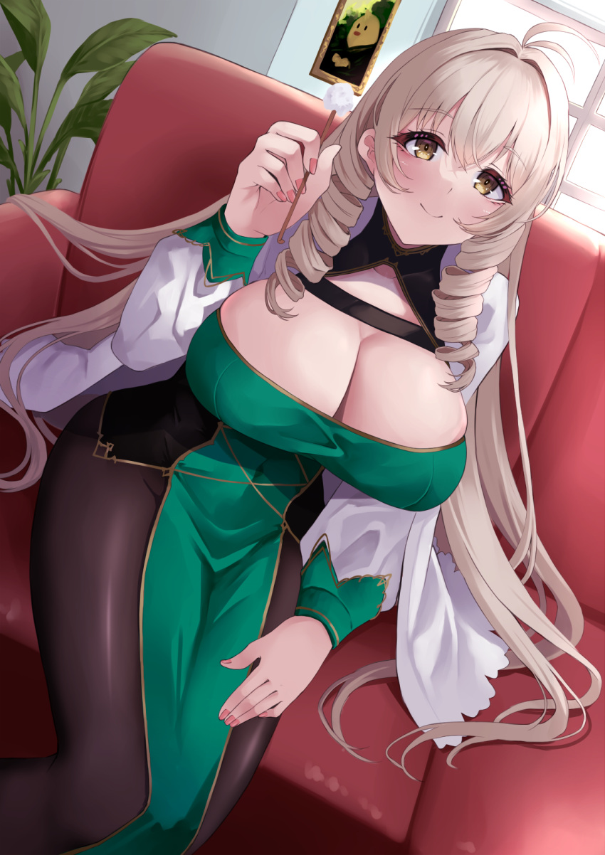 ahoge andrea_doria_(azur_lane) azur_lane black_pantyhose breasts cleavage cleavage_cutout closed_mouth clothing_cutout cotton_swab couch covered_navel crossed_bangs dress drill_hair female green_dress hair_between_eyes hand_up highres holding_cotton_swab huge_breasts indoors large_breasts light_blush light_brown_hair long_hair long_sleeves looking_at_viewer manjuu_(azur_lane) mimikaki on_couch pantyhose pelvic_curtain pink_nails smile twin_drills wee_(weeyy) yellow_eyes