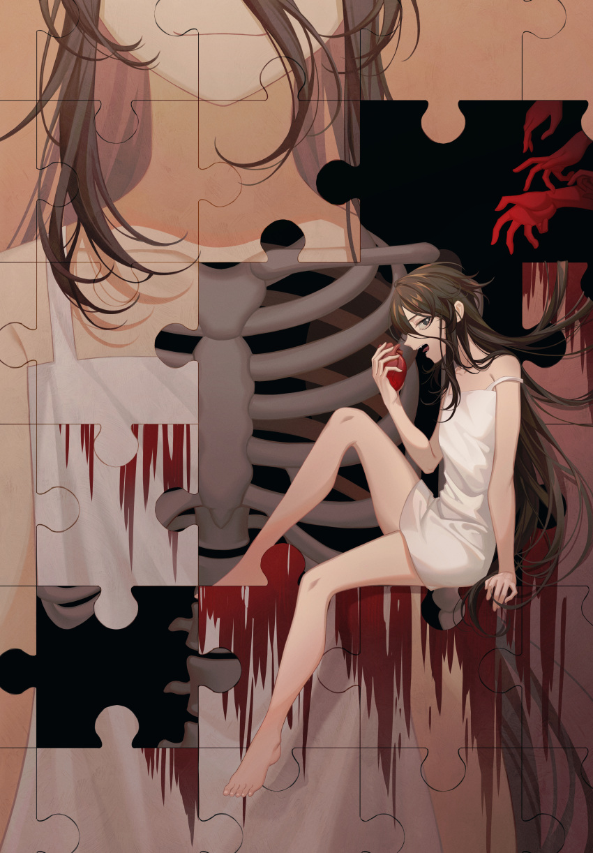 absurdres bare_legs barefoot black_eyes black_hair blood blood_on_hands closed_mouth commentary disembodied_hand dress erchongbaojun female from_side hair_between_eyes hand_up heart_(organ) highres holding holding_heart_(organ) light_smile long_hair looking_at_viewer looking_to_the_side oerba_yun_fang open_mouth original projected_inset puzzle puzzle_piece ribs sitting skeleton sleeveless sleeveless_dress spaghetti_strap spine strap_slip symbol-only_commentary teeth tongue very_long_hair white_dress