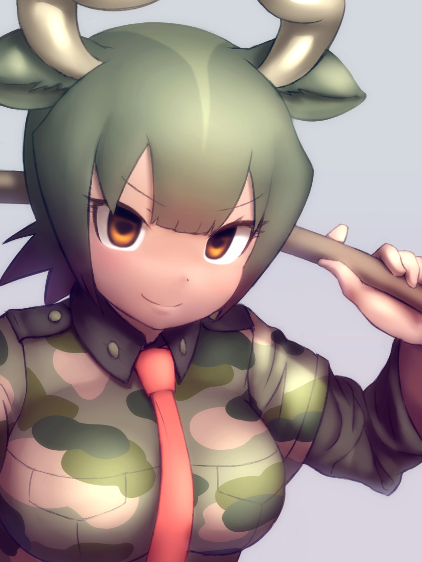 >:) absurdres animal_ears aurochs_(kemono_friends) bad_id bad_pixiv_id breast_pocket brown_eyes brown_hair camouflage camouflage_shirt closed_mouth collared_shirt commentary_request cow_ears cow_girl cow_horns dark-skinned_female dark_skin empty_eyes female green_hair hand_up highres holding holding_weapon horizontal_pupils horns kemono_friends layered_sleeves long_sleeves looking_at_viewer medium_hair multicolored_hair necktie okome_kogashi parted_bangs pocket red_necktie shirt short_over_long_sleeves short_sleeves solo v-shaped_eyebrows weapon wing_collar