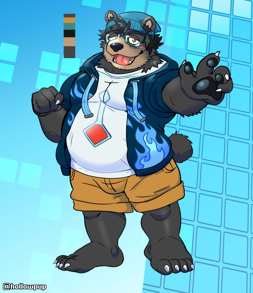 absurd_res anthro beanie bear bottomwear cargo_shorts clothing hat headgear headwear hi_res hollowpup hoodie male mammal nerd overweight overweight_male scruffy shorts slightly_chubby solo topwear