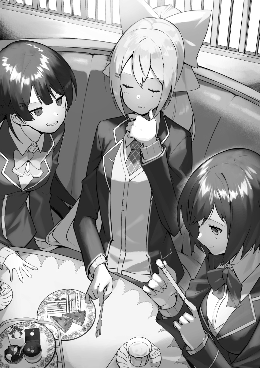 3girls :i absurdres blazer blush bow bowtie braid cake cardigan cellphone closed_eyes closed_mouth collared_shirt commentary_request cup dessert eating food food_on_face fork greyscale grin hair_between_eyes hair_ornament hairclip high_ponytail highres higuchi_kaede higuchi_kaede_(1st_costume) holding holding_fork holding_phone indoors jacket jk_gumi_(nijisanji) long_hair long_sleeves monochrome multiple_girls necktie nijisanji open_clothes open_jacket phone plate pocket ponytail saucer school_uniform scottie_(phantom2) shirt shizuka_rin shizuka_rin_(1st_costume) short_hair sitting smartphone smile sweets table teacup tiered_tray tsukino_mito tsukino_mito_(1st_costume) very_long_hair virtual_youtuber