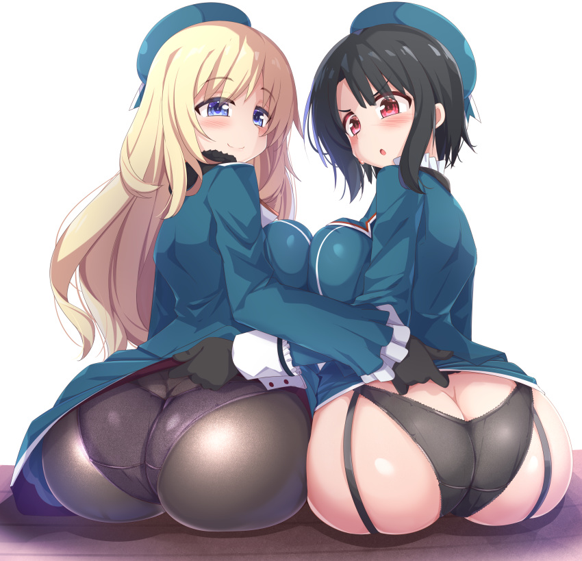 2girls absurdres ass ass-to-ass atago_(kancolle) beret black_gloves black_hair black_panties black_pantyhose blonde_hair blush breast_press breasts butt_crack clothes_lift commentary_request dress dress_lift garter_straps gloves hat highres kantai_collection kurokoshou_(emuburemu123) large_breasts long_hair looking_at_viewer looking_back multiple_girls panties panties_under_pantyhose pantyhose purple_eyes red_eyes shiny_pantyhose short_hair sitting takao_(kancolle) underwear